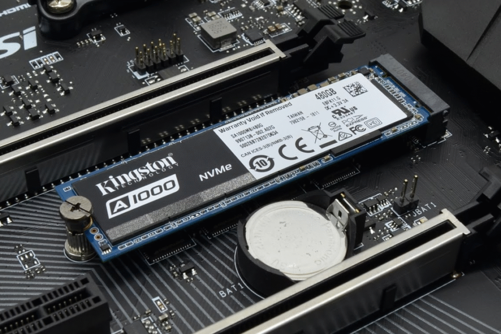 Zdjęcie przedstawiające dysk M2 NVME umieszczony w złączu na płycie głównej. 