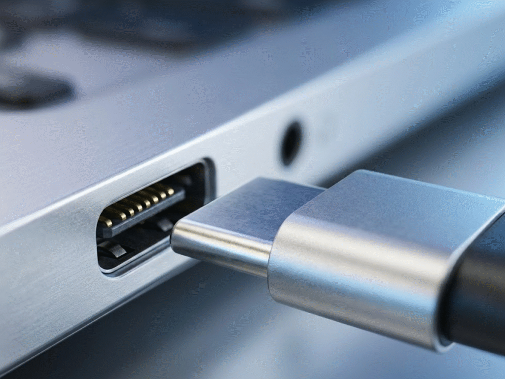 Złącze USB-C w laptopie i kabel który do niego się wsuwa