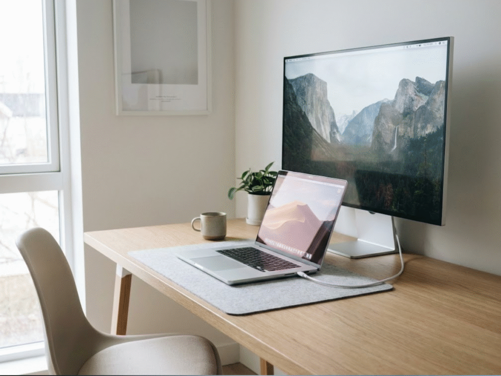 Nowoczesny laptop stoi na biurku. Jest podpięty jednym kablem USB-C do ładowania i pzesyłania obrazu jednocześnie. 