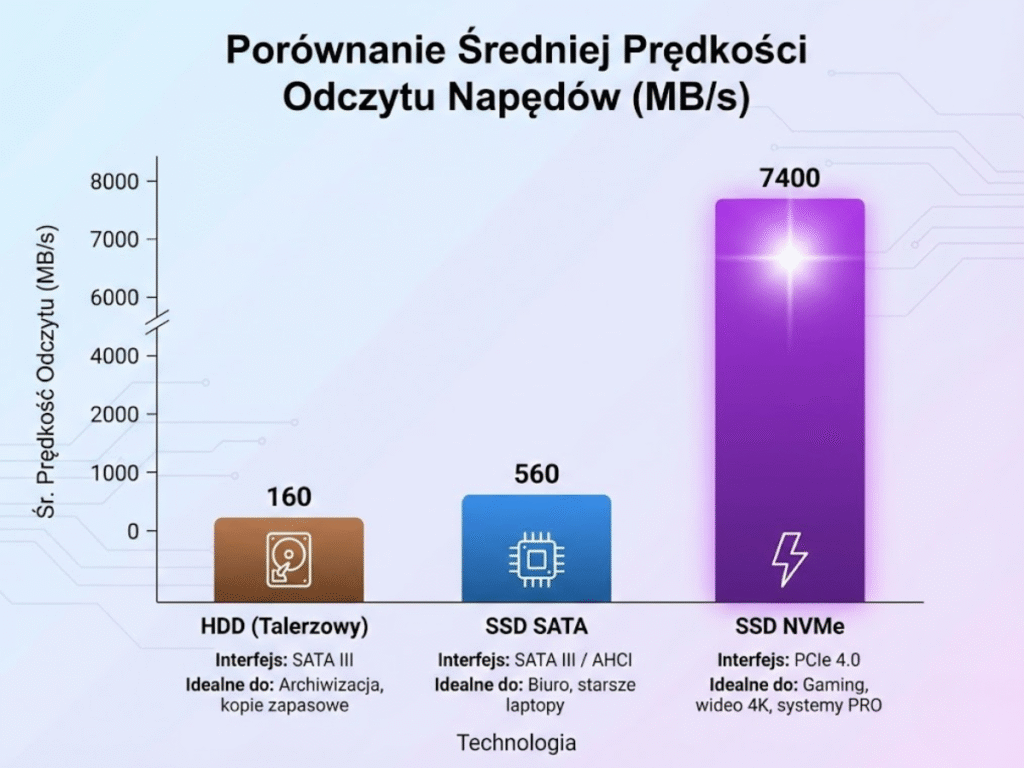 Zdjęcie przedstawiające wykres, porównanie prędkości odczytu dysków talerzowy, SSD SATA oraz nowoczesnych NVMe