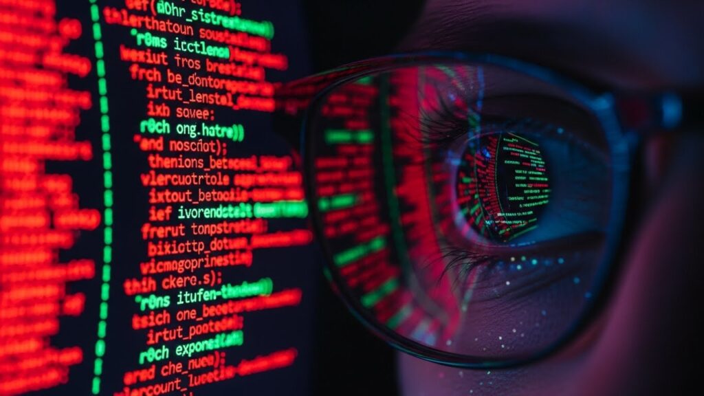 Zbliżenie na oko osoby noszącej okulary, w których soczewkach odbijają się linie czerwonego i zielonego kodu programistycznego.