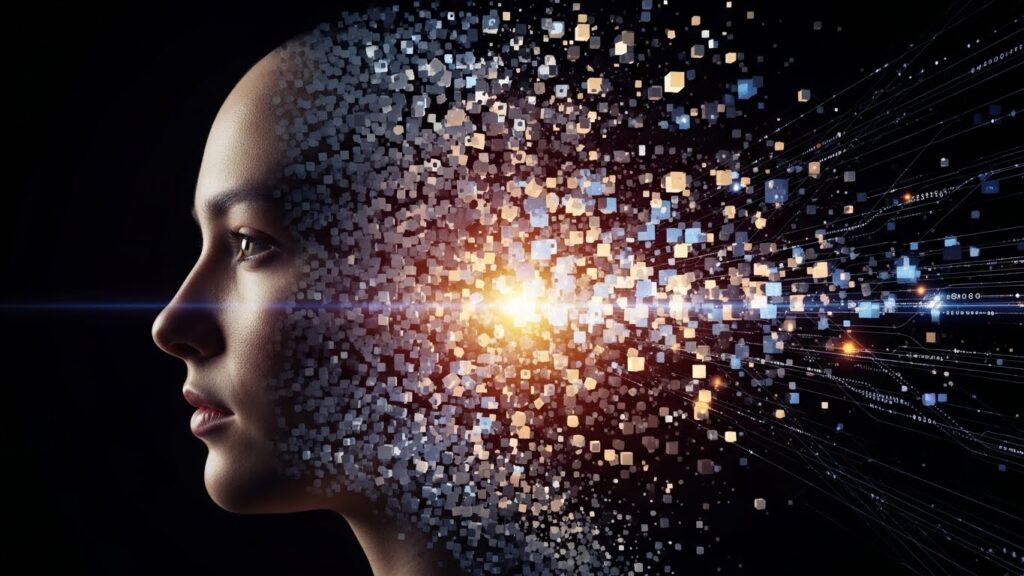 Artystyczna wizualizacja cyfrowej demencji: profil ludzkiej twarzy rozpadający się na cyfrowe sześciany i piksele. Kontekst: Ilustracja utraty tożsamości i fragmentacji pamięci w erze cyfrowej.