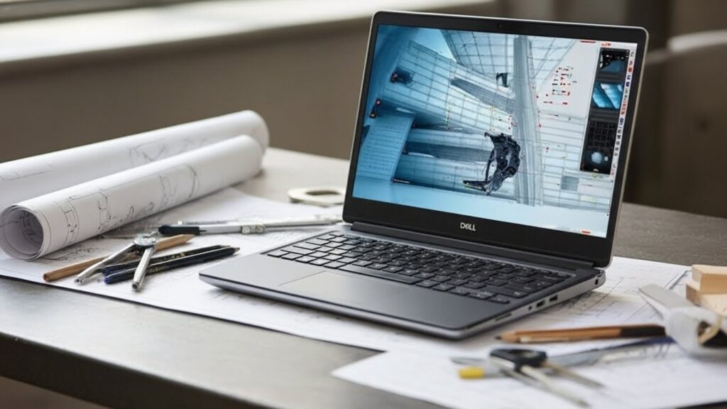Mobilna stacja robocza Dell Precision 7560 na biurku inżyniera z widocznym projektem 3D CAD na ekranie oraz rozłożonymi papierowymi planami budowlanymi i przyborami kreślarskimi.