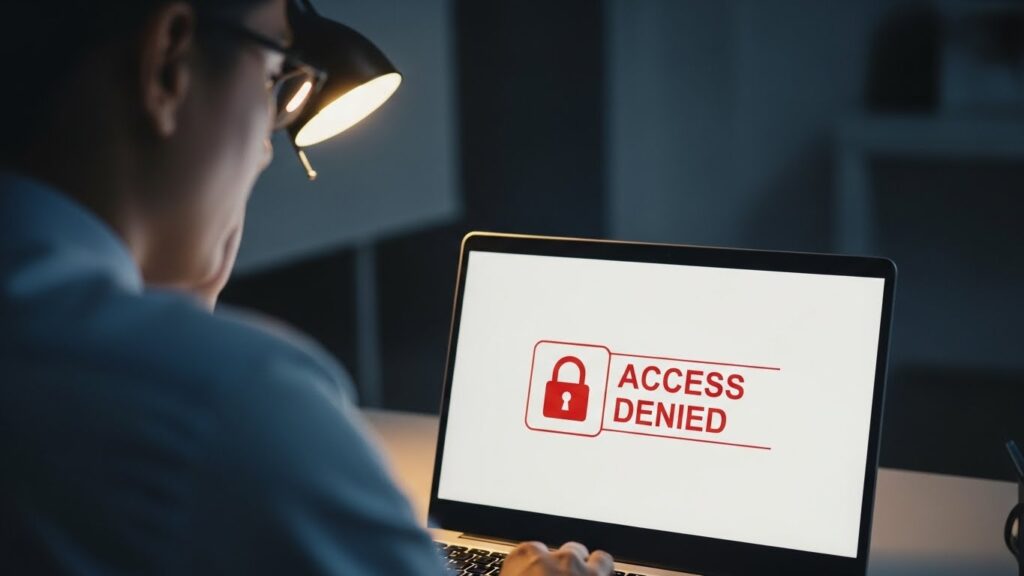 Osoba siedząca przy biurku w słabo oświetlonym pokoju, patrząca na ekran laptopa, na którym wyświetlany jest duży, czerwony komunikat "ACCESS DENIED" z ikoną kłódki.
