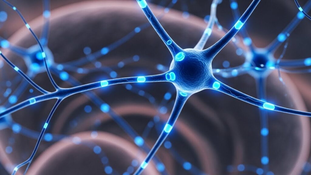 Zbliżenie na sieć neuronową w ludzkim mózgu. Niebieskie impulsy elektryczne przesyłane między synapsami. Kontekst: Grafika obrazująca neuroplastyczność i proces tworzenia nowych połączeń myślowych lub ich zanikanie (atrofia).