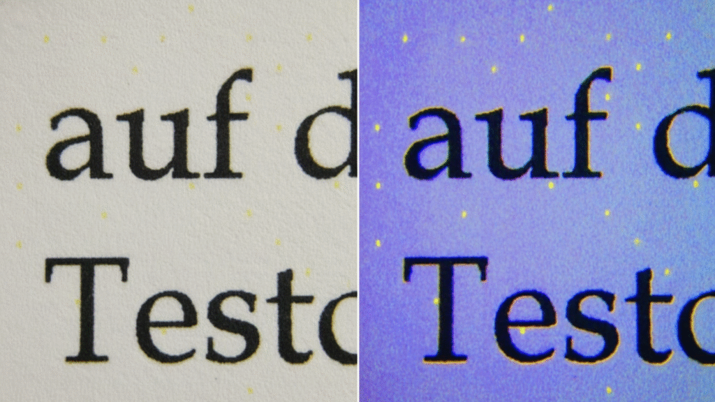 Powiększenie pod mikroskopem pokazuje to, czego nie widzi gołe oko: regularny wzór maleńkich, żółtych kropek śledzących, ukrytych między włóknami papieru.