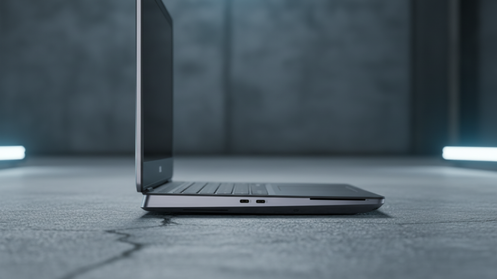 Zbliżenie na profil boczny laptopa Dell Precision 7560, prezentujące porty USB-C Thunderbolt, solidną metalową obudowę i otwory wentylacyjne na tle surowego betonu.