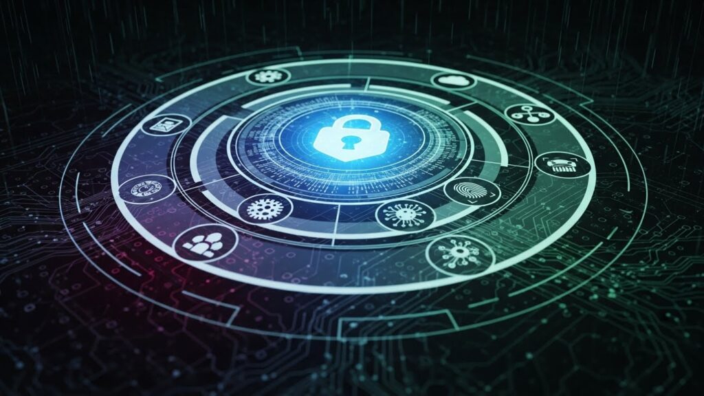 Futurystyczna, świecąca na niebiesko ikona kłódki w centrum okrągłego interfejsu na tle zielono-niebieskiej płytki drukowanej. Wokół kłódki znajdują się mniejsze ikony symbolizujące różne aspekty cyberbezpieczeństwa, takie jak chmura, odcisk palca, sieć, wirus i inne.