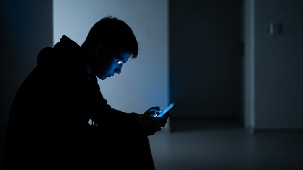 Ciemna sylwetka nastolatka wpatrzonego w smartfon w nocy. Twarz oświetlona zimnym, niebieskim światłem ekranu. Kontekst: Ilustracja problemu przebodźcowania, cyfrowej izolacji i wpływu światła niebieskiego na mózg.