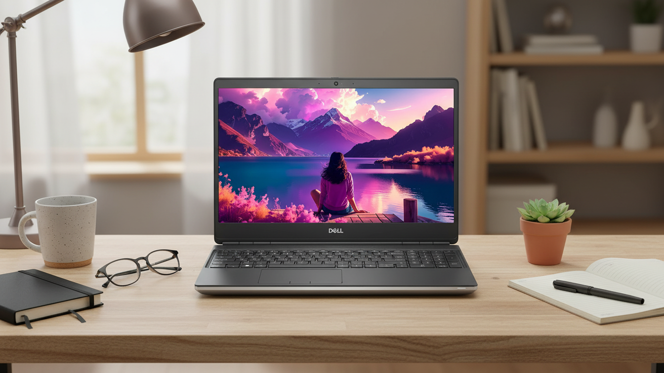 Mobilna stacja robocza Dell Precision 7560 stojąca na drewnianym biurku w przytulnym domowym biurze. Laptop wyświetla kolorową tapetę krajobrazową. Obok znajdują się okulary, notatnik, kubek z kawą i mała roślina.