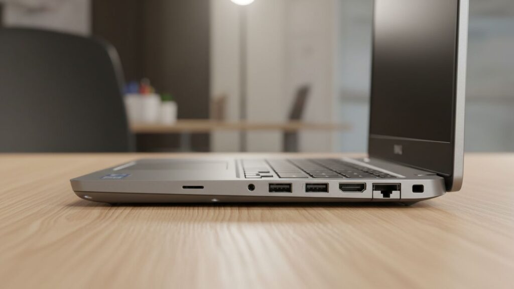 Widok z profilu na obudowę Dell Latitude 5430, eksponujący zestaw portów: USB, HDMI oraz złącze LAN RJ-45, niezbędne w laptopie biznesowym.