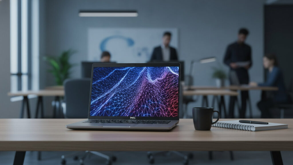 Laptop Dell Latitude 5430 na biurku w nowoczesnym biurze open space, obok notatnika i kawy, z rozmytymi sylwetkami pracowników w tle.