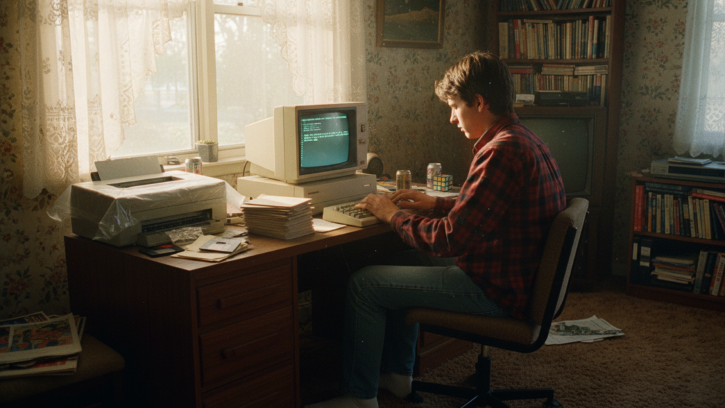 Młody chłopak siedzący przy biurku w pokoju w stylu lat 80., piszący na klawiaturze starego, beżowego komputera z monitorem kineskopowym.