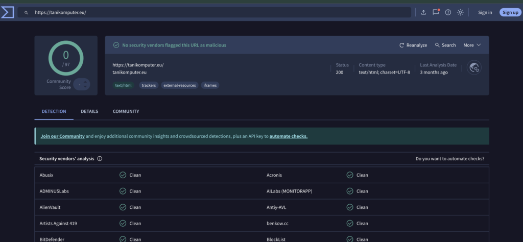 Zrzut ekranu przedstawiający stronę wyników analizy adresu URL w serwisie VirusTotal.