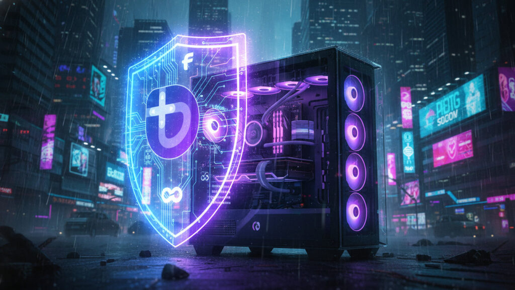 Futurystyczny komputer gamingowy z holograficzną tarczą prezentującą logo Bazzite i Fedora, symbolizujący bezpieczny i stabilny system Linux do gier.