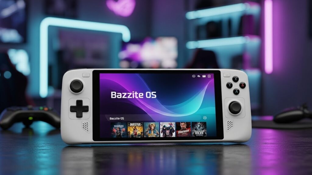 Biała konsola typu handheld (stylizowana na ROG Ally) leżąca na biurku, wyświetlająca bibliotekę gier w systemie Bazzite OS. Tło z neonowym oświetleniem.