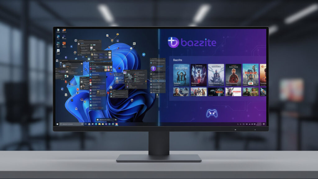 Monitor komputerowy z podzielonym ekranem (split-screen): po lewej zabałaganiony pulpit Windows, po prawej czysty interfejs gamingowy Bazzite OS. Koncept Dual Boot.