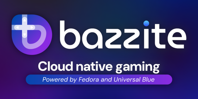Oficjalne logo i baner systemu Bazzite na granatowym tle. Obok znaku graficznego widnieje napis "Cloud native gaming - Powered by Fedora and Universal Blue