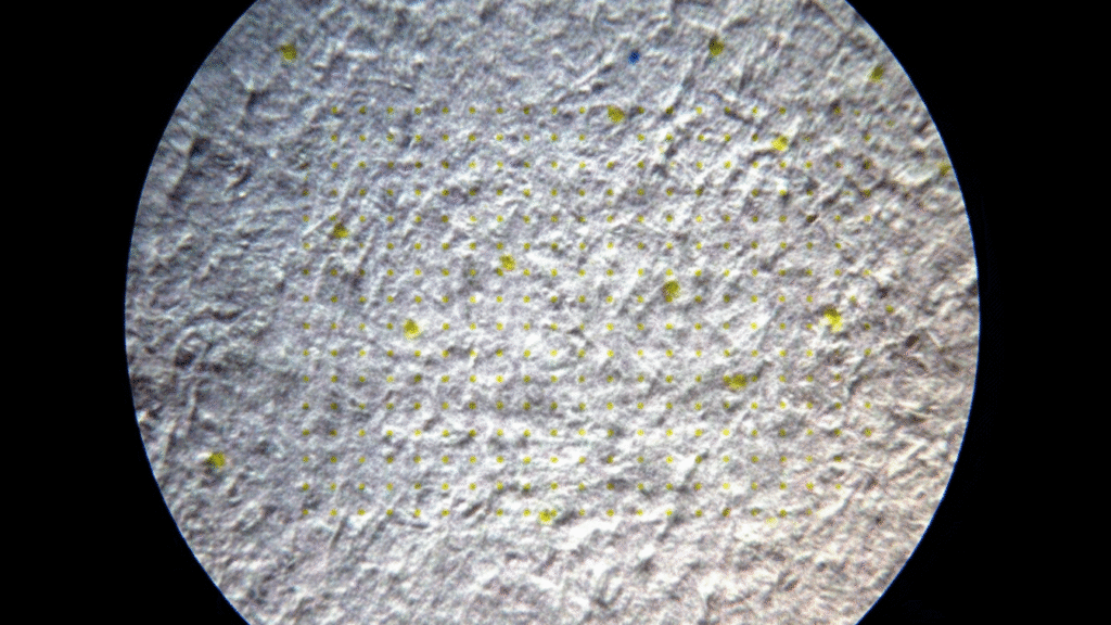 Na zdjęciu widzimy mikroskopowe powiększenie fragmentu kartki papieru zadrukowanej przez kolorową drukarkę laserową. Widoczne są włókna celulozy oraz nałożony na nie regularny wzór mikroskopijnych, żółtych punktów. Jest to tzw. Machine Identification Code (MIC) – system kropkowania, który koduje numer seryjny urządzenia oraz datę i godzinę wydruku, umożliwiając identyfikację źródła dokumentu.