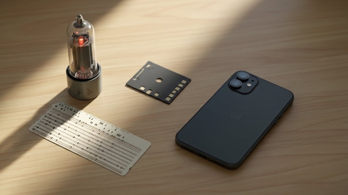 Drewniany blat oświetlony naturalnym światłem, na którym leżą obok siebie: stara lampa elektronowa, beżowa karta perforowana, czarny układ scalony oraz nowoczesny czarny smartfon