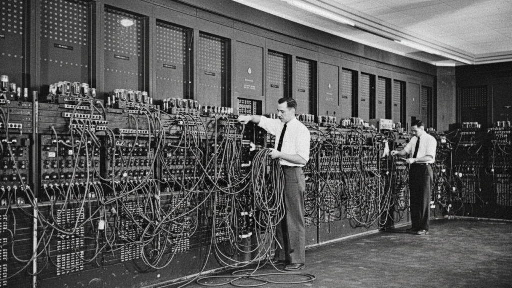 Czarno-białe zdjęcie dwóch inżynierów w koszulach i krawatach obsługujących ogromny komputer ENIAC, składający się z wysokich szaf i plątaniny kabli.