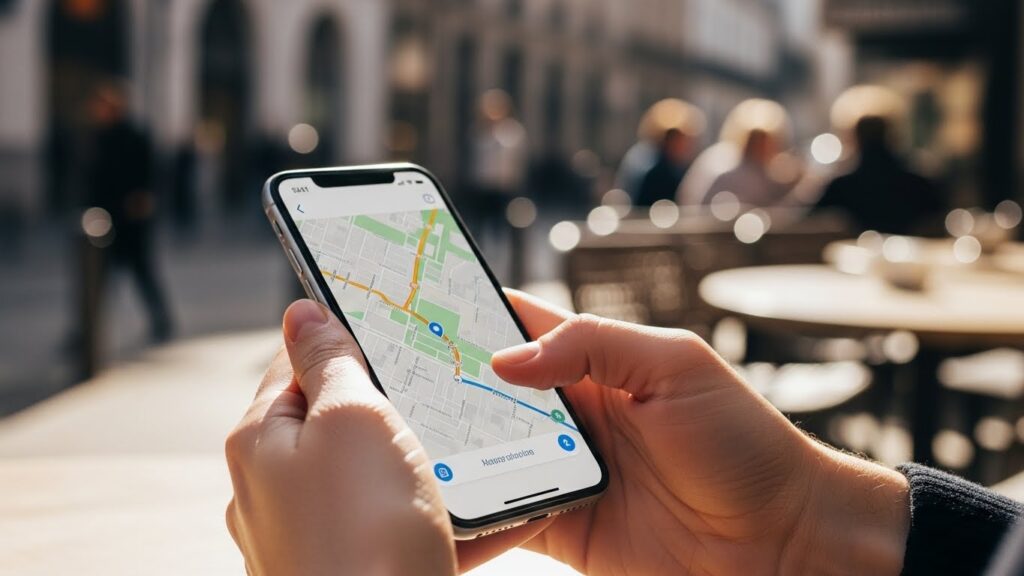 Zbliżenie na dłonie trzymające nowoczesny smartfon, na którego ekranie wyświetlona jest mapa z nawigacją GPS