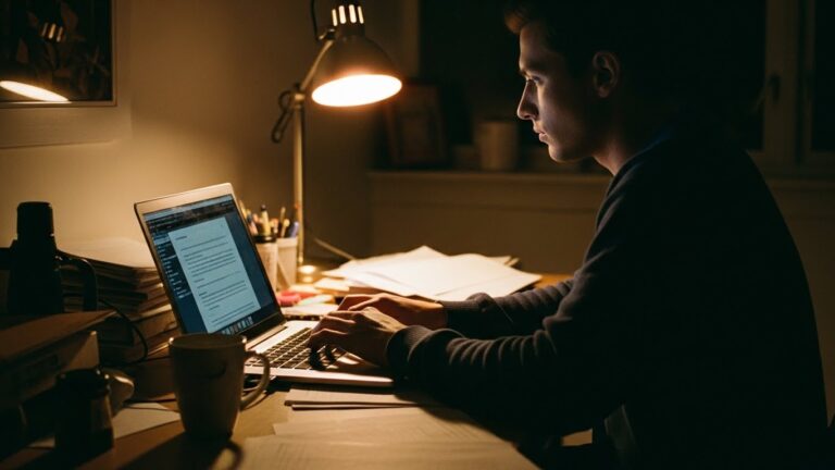 Osoba pracująca w nocy na laptopie przy zagraconym biurku, w słabo oświetlonym domowym biurze. Zdjęcie w stylu analogowej fotografii z widocznym ziarnem, ilustrujące temat cyberzagrożeń po godzinach.