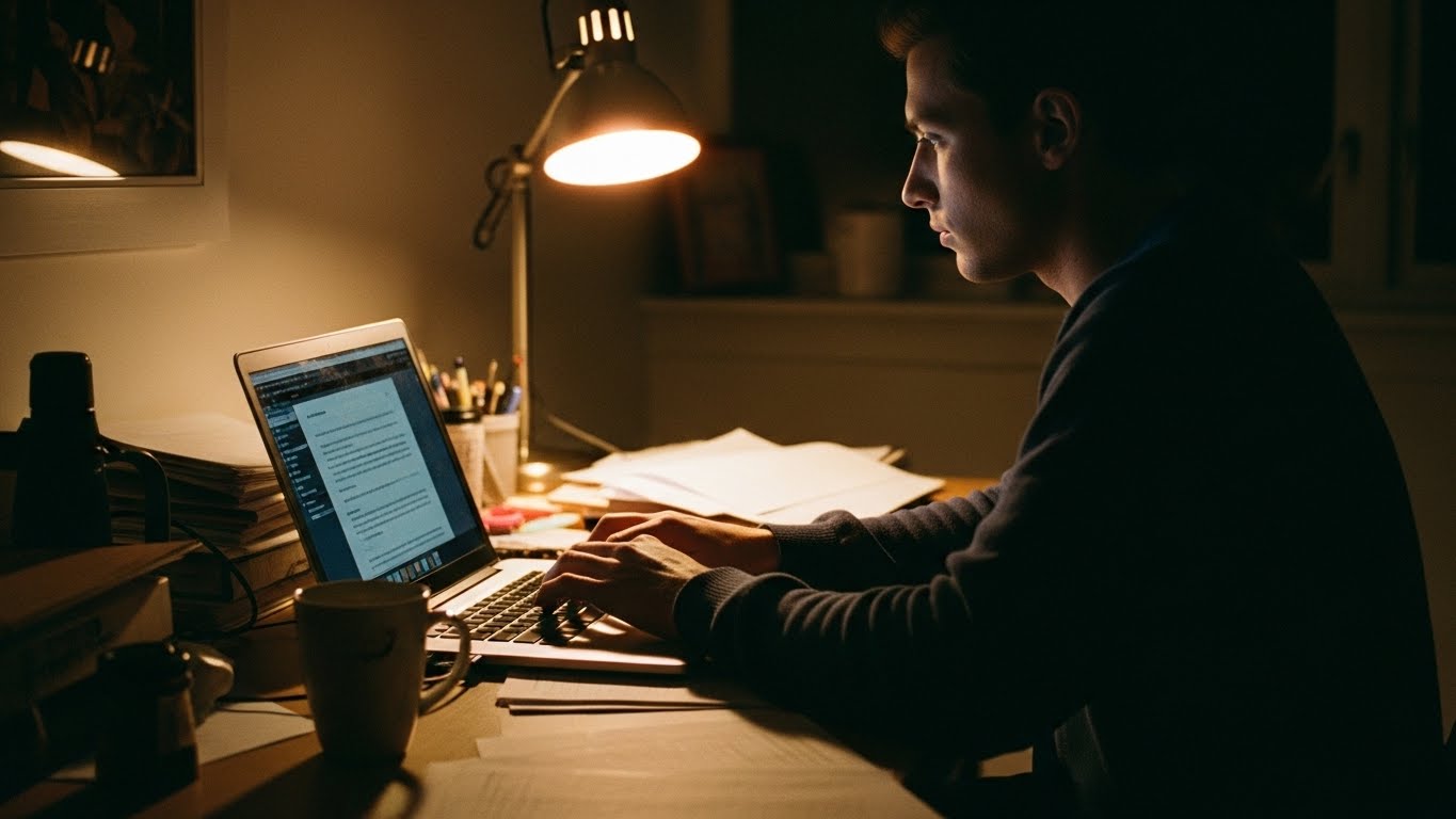 Osoba pracująca w nocy na laptopie przy zagraconym biurku, w słabo oświetlonym domowym biurze. Zdjęcie w stylu analogowej fotografii z widocznym ziarnem, ilustrujące temat cyberzagrożeń po godzinach.