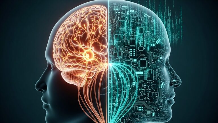 Profil głowy człowieka podzielony na dwie półkule: lewa to świecąca, biologiczna sieć neuronowa, prawa to cyfrowy układ scalony i strumienie danych. Grafika symbolizująca cyfrową demencję i połączenie mózgu z technologią.