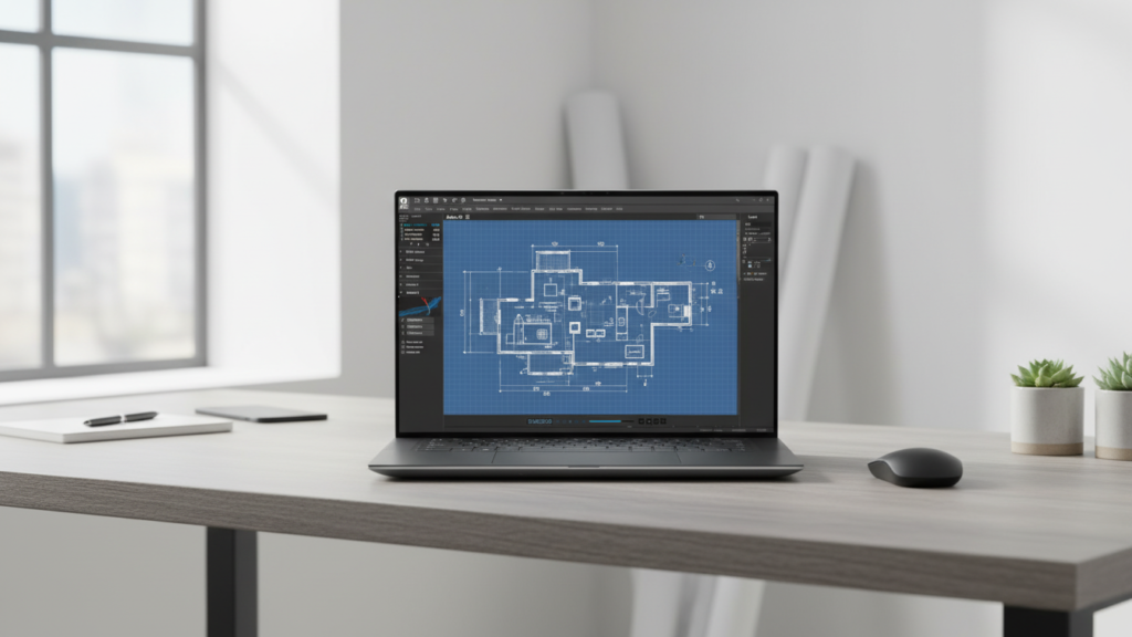 Mobilna stacja robocza Dell Precision 5570 otwarta na biurku architekta, wyświetlająca skomplikowany rzut techniczny w oprogramowaniu CAD na ekranie o proporcjach 16:10