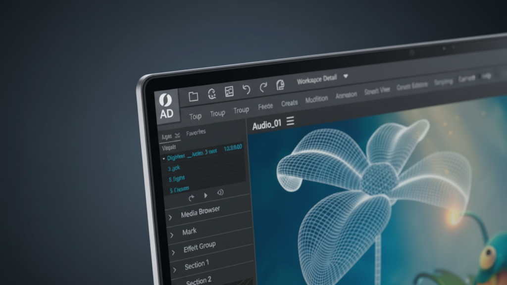 Zbliżenie typu makro na cienkie ramki InfinityEdge ekranu Dell Precision 5570, pokazujące interfejs profesjonalnego oprogramowania do modelowania 3D i siatkę geometryczną obiektu.