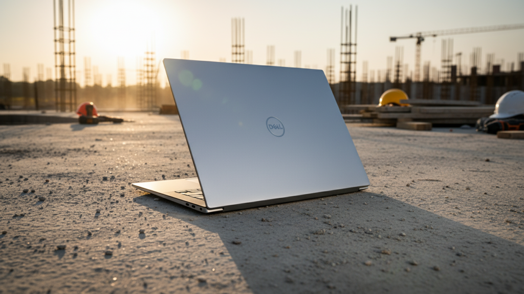 Zamknięty laptop Dell Precision 5570 leżący na surowym betonie na placu budowy o zachodzie słońca, podkreślający mobilność i wytrzymałość urządzenia dla inżynierów