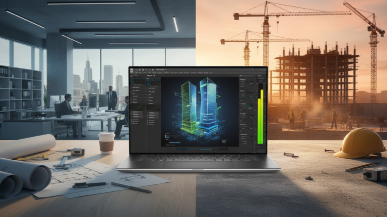 Koncepcyjna grafika z podzielonym ekranem, na której laptop Dell Precision 5570 wyświetla zaawansowany model BIM 3D wieżowców. Lewa połowa obrazu przedstawia nowoczesne biuro architektoniczne z leżącymi planami, a prawa połowa ukazuje plac budowy o zachodzie słońca z żurawiami i kaskiem ochronnym, symbolizując wszechstronność urządzenia.