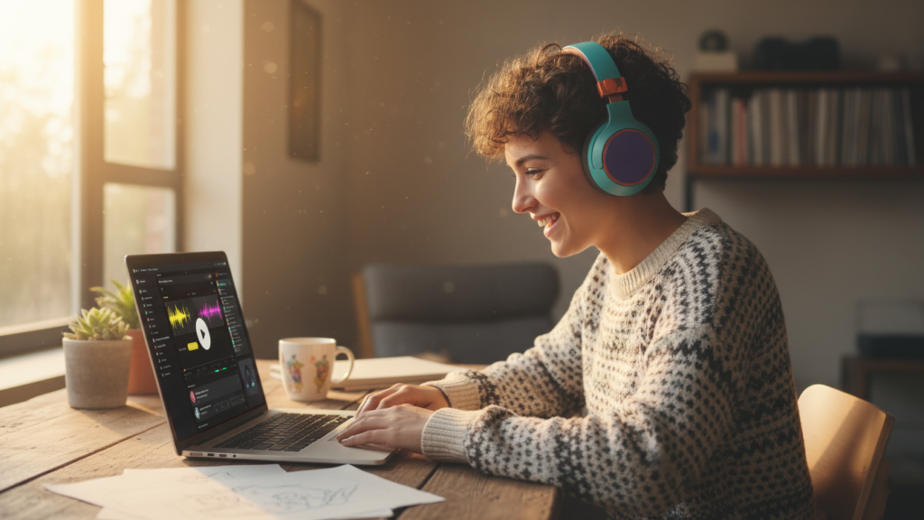 Uśmiechnięta osoba w słuchawkach tworząca muzykę na laptopie w domowym zaciszu, korzystająca z interfejsu Suno v5.