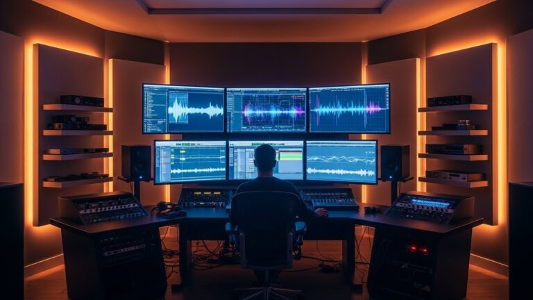 Uśmiechnięta osoba w słuchawkach tworząca muzykę na laptopie za pomocą interfejsu Suno v5.