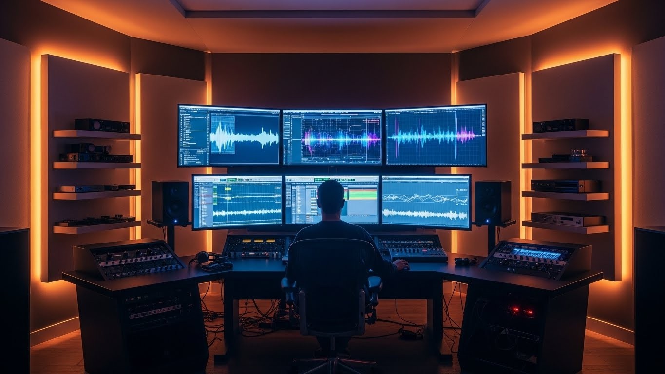 Uśmiechnięta osoba w słuchawkach tworząca muzykę na laptopie za pomocą interfejsu Suno v5.