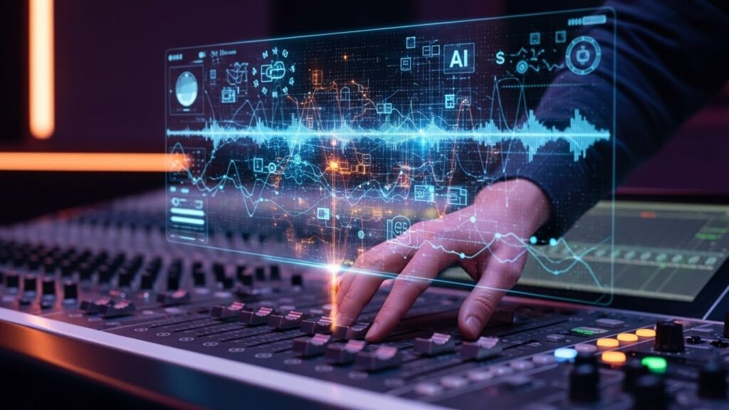 Zbliżenie dłoni na futurystycznej konsolecie studyjnej z holograficznym interfejsem AI, pokazujące kontrolę producenta nad dźwiękiem.