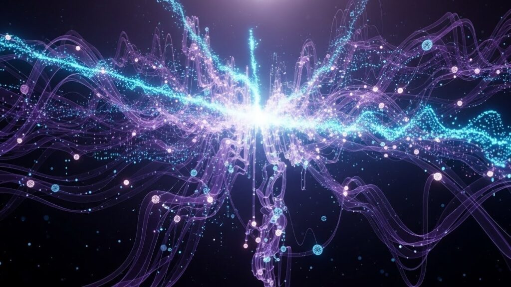 Abstrakcyjna wizualizacja cyfrowych fal dźwiękowych i węzłów, symbolizująca kreatywność muzyki AI w Suno v5.