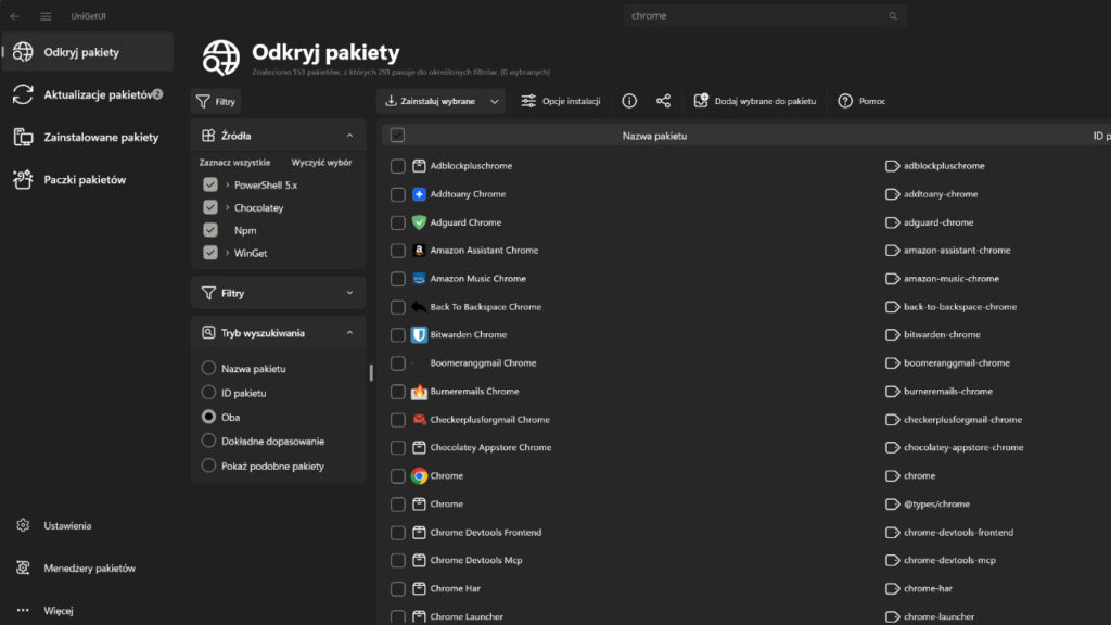 Interfejs programu UniGetUI. Odkryj pakiety. Funkcja pozwala przeglądać paczki programów do pobrania. 