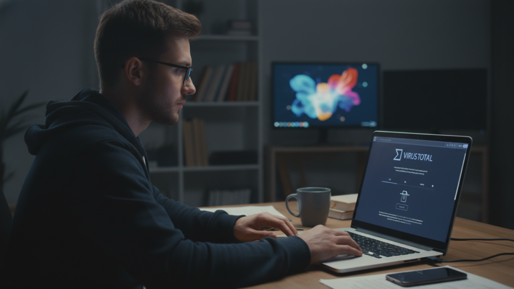 Zdjęcie przedstawiające młodego mężczyznę w okularach i ciemnej bluzie z kapturem, siedzącego przy biurku w słabo oświetlonym pokoju. Mężczyzna patrzy na ekran laptopa, na którym wyświetlona jest strona główna serwisu VirusTotal