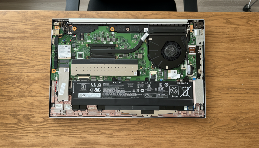 Wnętrze laptopa HP EliteBook 855 G7 – widok na płytę główną, układ chłodzenia i baterię.