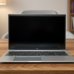 Frontalny widok otwartego, srebrnego laptopa biznesowego HP EliteBook 855 G7 stojącego na drewnianym biurku w nowoczesnym, jasnym biurze.