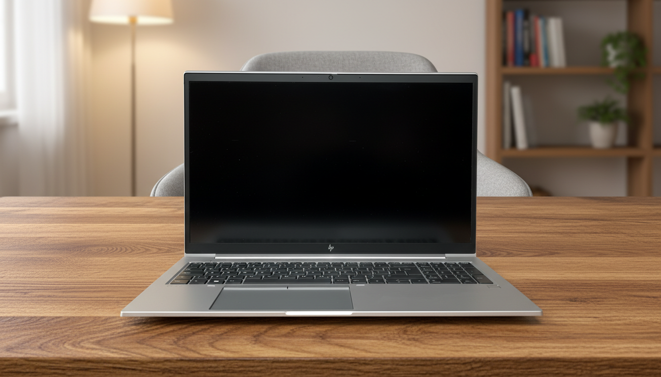 Frontalny widok otwartego, srebrnego laptopa biznesowego HP EliteBook 855 G7 stojącego na drewnianym biurku w nowoczesnym, jasnym biurze.