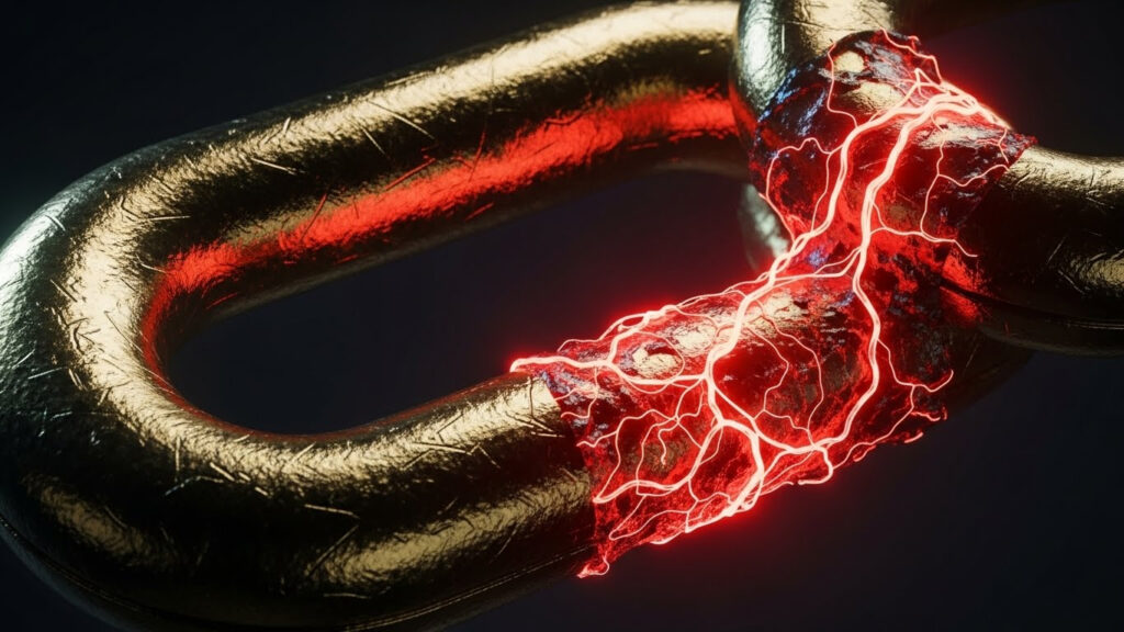 Złote ogniwo łańcucha zainfekowane cyfrowym wirusem w formie czerwonych żył – metafora ataku na łańcuch dostaw (supply chain attack).