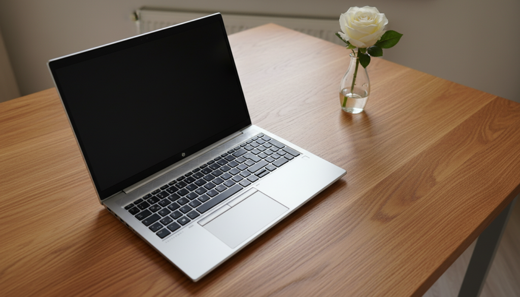 Srebrny laptop HP EliteBook 855 G7 na drewnianym biurku – widok na ekran i klawiaturę z blokiem numerycznym.