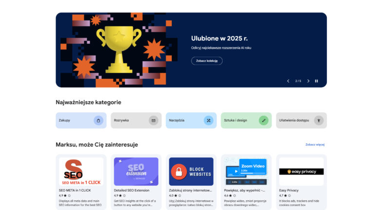 Interfejs sklepu z rozszerzeniami przeglądarkowymi Chrome Web Store z sekcją Ulubione w 2025 roku i kategoriami AI.