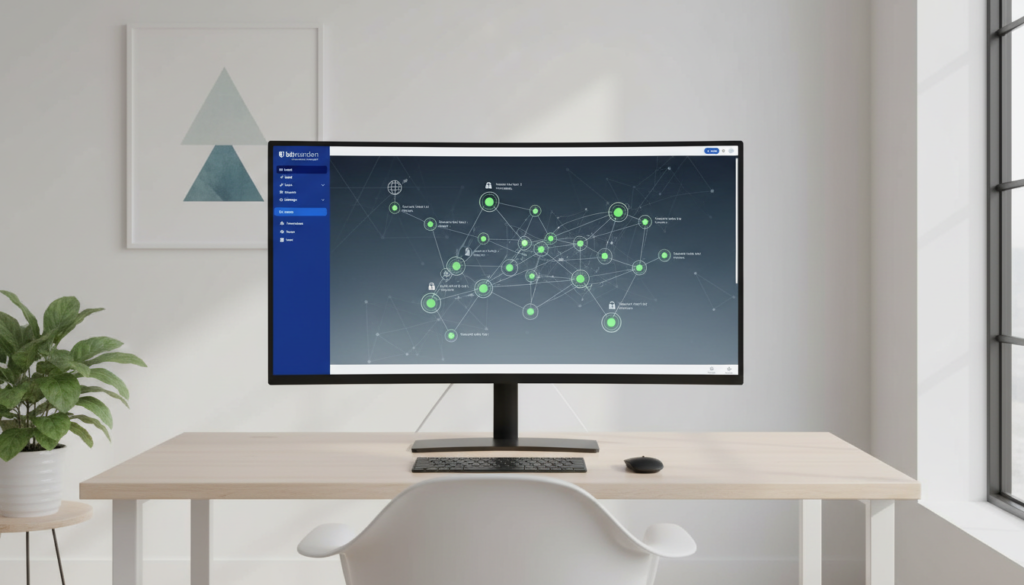 Nowoczesne stanowisko biurowe z szerokim monitorem wyświetlającym mapę cyfrowych połączeń i punktów dostępu w interfejsie Bitwarden.