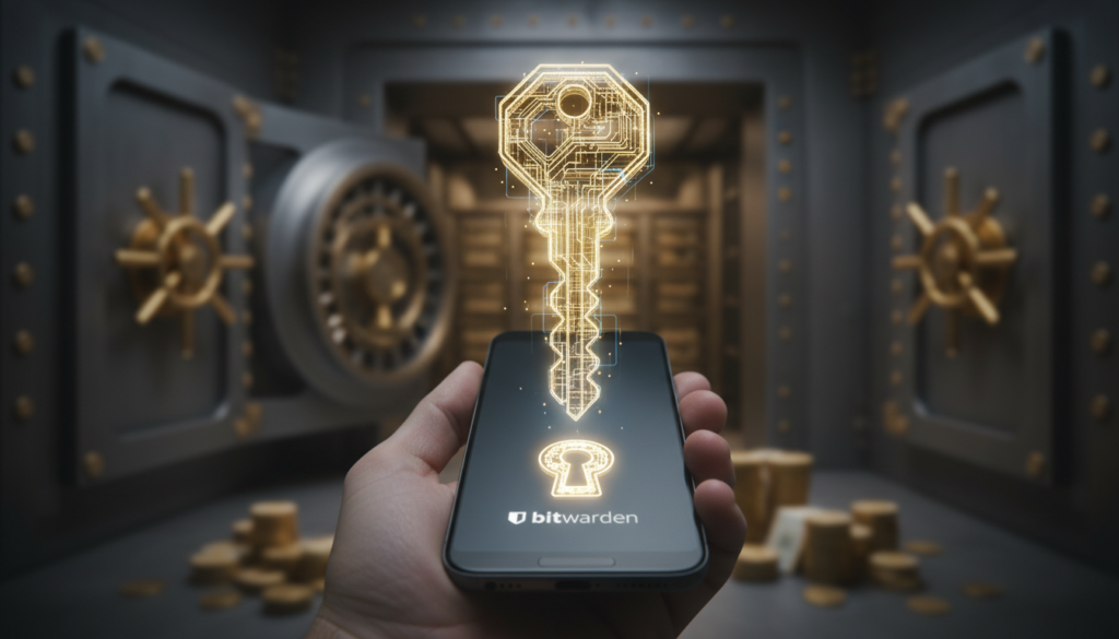 Zbliżenie na dłoń trzymającą smartfon, z którego wyłania się holograficzny złoty klucz na tle otwartego sejfu.