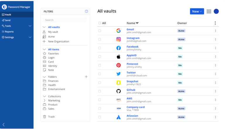 Panel zarządzania sejfami Bitwarden wyświetlający listę kont użytkownika i organizacji Acme z aktywnymi filtrami.