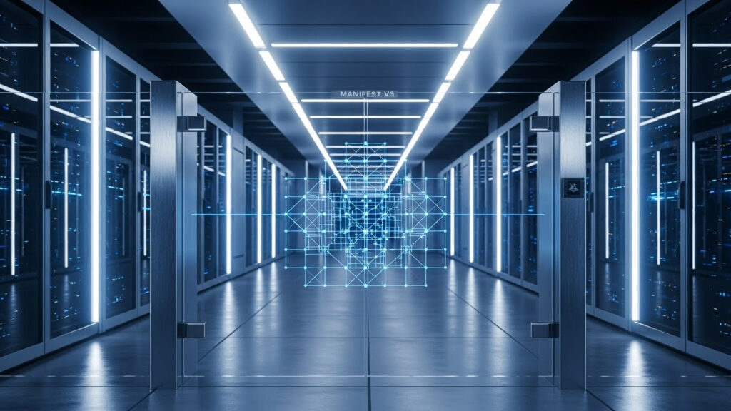 Nowoczesne centrum danych z napisem Manifest V3 i niebieską barierą cyfrową, symbolizujące nową architekturę bezpieczeństwa przeglądarek.